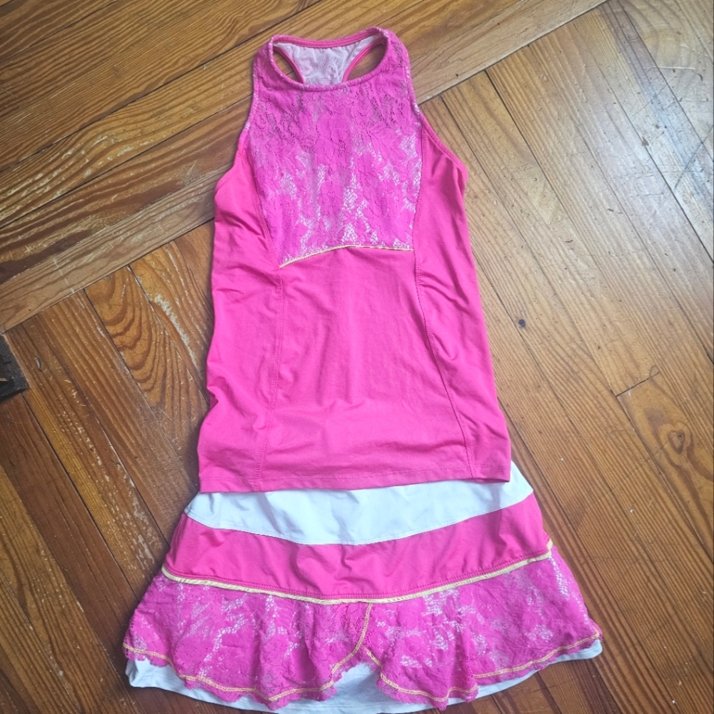 Lucky in Love cute white and hot pink tennis, pickleball skirt and tank.